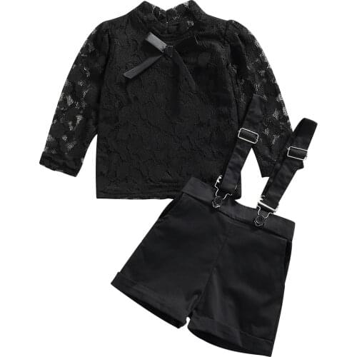 New Baby Girls 2Pcs Clothes Set, Long Sleeve Floral Lace Tops + Suspender Shorts Set
