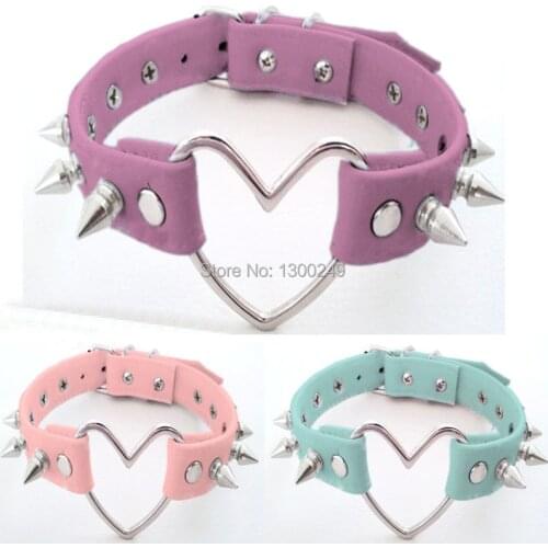 New Sexy Harajuku Handmade Rock Collar Punk Goth Big Heart Stud Rivets Choker Necklace real Leather neck belt night club