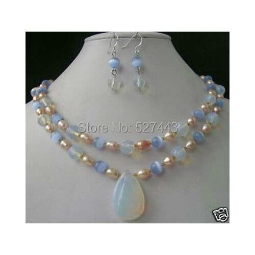 Wholesale >Beautiful white opal and pearl necklace earring set