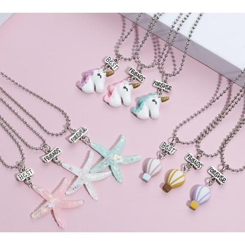 1set(3pcs) Lovely Best Friends Forever Pendant Necklace Starfish Unicorn Hot Air Balloon Beads Chain Necklaces BFF Gifts Jewelry