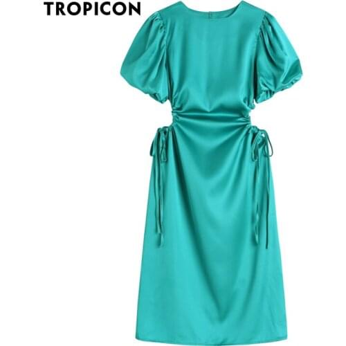 TROPICON Emerald Green Puff Sleeve Bodycon Long Summer Dress 2021 Shirred Cut Out Empire Waist Ladies Short Sleeve Dress Elegant