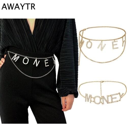 AWAYTR Metal Fringe Wave Waist Chain MONEY With Crystal Fashion Belts Hip High Waist Gold Silver Adjustable Chain Waistbands