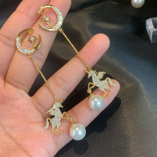 S925 Sterling Silver Ear Post Gold Tone Unicorn Earrings Fashion Micro Pave Cubic Zirconia Pearl Drop Earrings For Women Jewelry