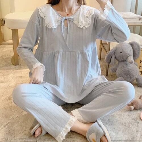 Spring Korean Fashion Sweet Maternity Nursing Sleepwear Cotton with Lace Nightwear Clothes for Pregnant Women Pregnancy Pajamas