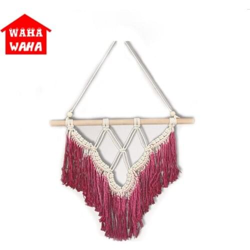 Handmade Knitting Tapestry with Winered Tassels Bohemian Home Wall Tapisserie Wall Hanging Home Decoration Textiles Craft Gift