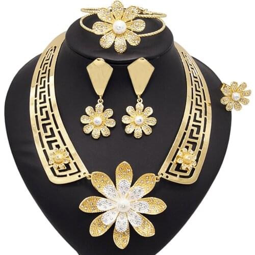 Yulaili New Arrivals Dubai Gold Jewelry Sets Flowers Necklace Drop Earrings Charm Bracelet Ring Women Trendy Party Jewelery