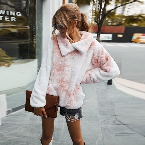 Women Tie-Dye Plush Hoodies New Autumn Winter Zip Lapel Soft Warm Pullover Sweatshirt Ladies Fashion Casual Loose Pocket Outwear