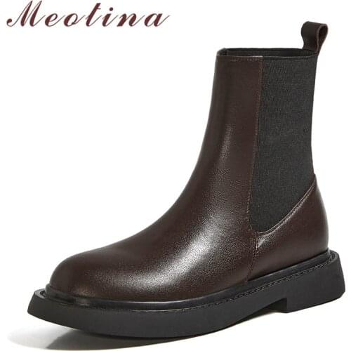 Meotina Genuine Leather Chelsea Boots Woman Med Heel Ankle Boots Platform Block Heel Short Boots Female Shoes Autumn Winter 43