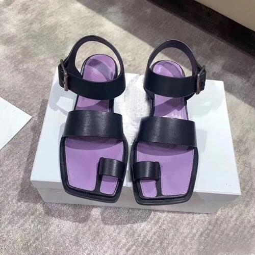 Square Toe Leather Women Sandals Tabi Women Shoes Fashion Purple Summer Shoes Peeo Toe Flats Female Ins Sandalias Mujer 2020
