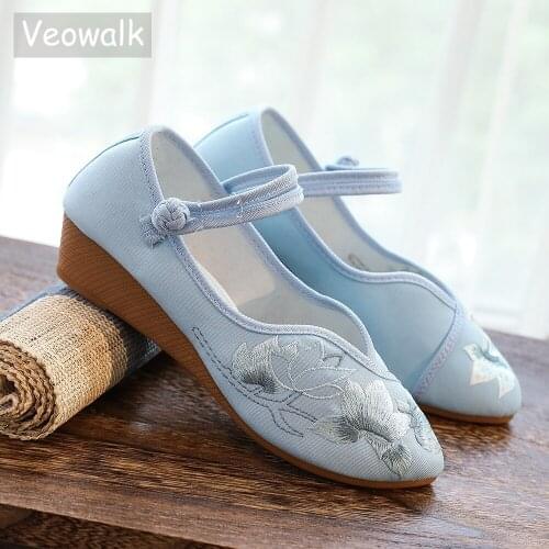 Veowalk Women Cotton Fabric Embroidered 4cm Wedge Shoes Ladies Pointed Toe Mid Heels Comfortable Retro Chinese Embroidery Shoes