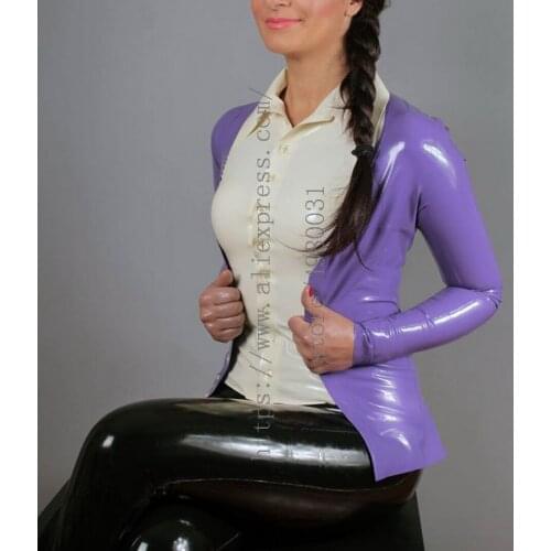 Sweet style womens purple cardigan form-fitting latex coat what is made of 100% real & natural latex