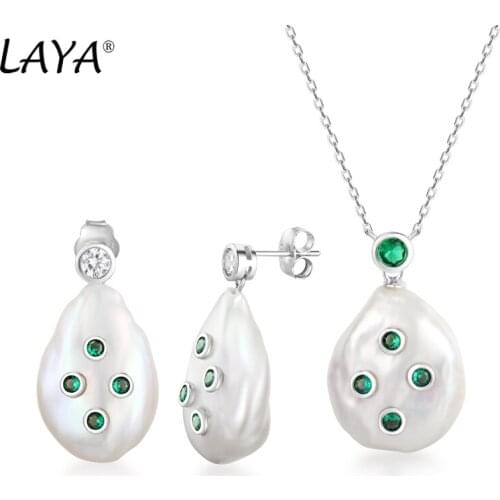 Laya Nature Pearl Earrings Necklace Sets For Women Pure 925 Sterling Silver Shiny Green Spinel Drop Earrings Elegant Jewelry
