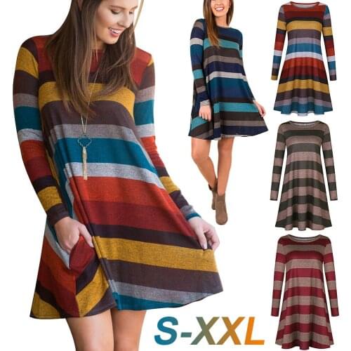 Women Casual Long Sleeve Striped Dress 2021 Sexy O-Neck Femme Ladies Dress Fashion Loose Dress Spring Autumn Drop Shipping D30