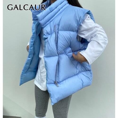 GALCAUR Casual White Coat Vest For Women Lapel Collar Sleeveless Zipper Loose Solid Coats Female Clothing Winter Korean Fashion