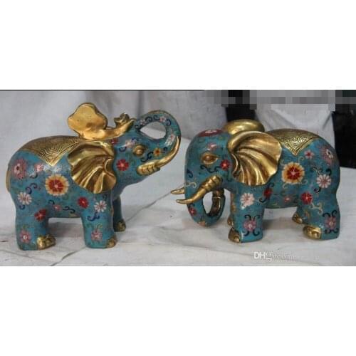 Chinese Wire Inlay Cloisonne Enamel Pure Bronze Lucky Ruyi Lucky Elephant Pair