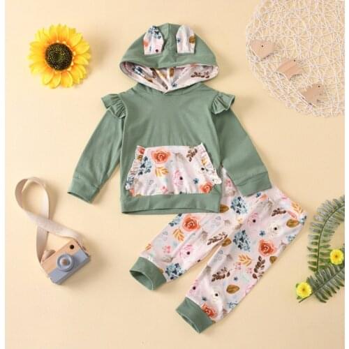 New Fashion Baby Girl Clothes Set 2 Piece Lovely Patchwork Long Flying Sleeve Hoodies Sweater Tops+flower Print Trousers 3-18M