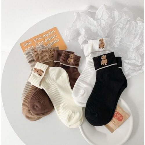 Adult Short Ankle Calf Crew Socks Daily School Cartoon Gentle Little Coffee Brown Bear Kawaii Cute Cartoon Bow Sweet Soft Girl