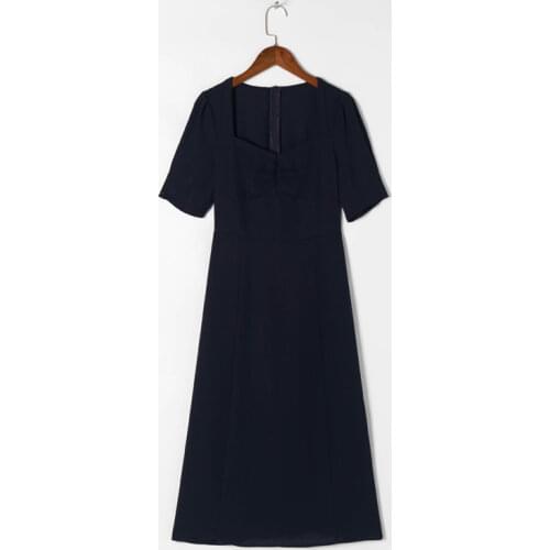 Summer Womens Casual Pure Color Square Collar Short Sleeve Slim Dress