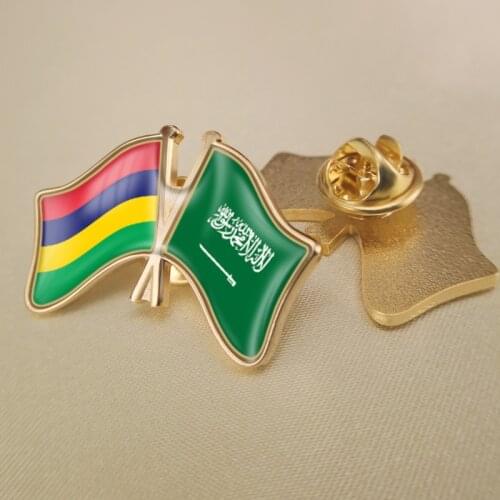 Mauritius and Saudi Arabia Crossed Double Friendship Flags Lapel Pins Brooch Badges