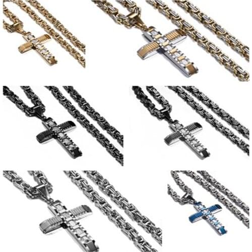 Fashion Men Women 316L Stainless Steel Jesus Cross with Rhinestone Pendant Necklace Jewelry Gift Byzantine Box Chain 20-40inch