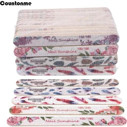 100Pcs/Lot Thick Wooden Nail Files 100/120/150/180/240 Washable Files For Manicure Flower Printed Buffer Block Nails Accesorios
