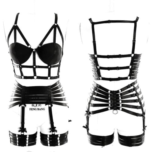 Full Body Harness Set Belt Garter Black Sexy Harness Women Tops Cage Bondage Bra for Women Elastic Goth Festival Rave Dance Wear