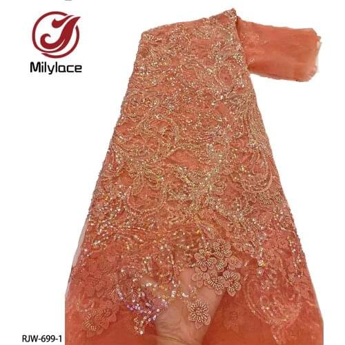 Hand Made Beaded Lace Fabric Embroidery Sequins Elegant French Nigerian Latest Design Style for Party Dress RJW-699