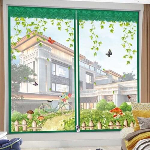 Cartoon Green Pastoral Bedroom Door Window Mesh Screen Zipper Opening Yarn Fly Anti-Mosquito Net Curtain Removeable Washable