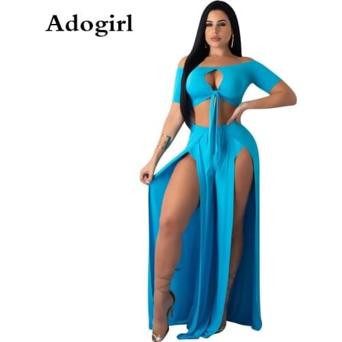 Adogril Off The Shoulder Tie Up Crop Top and High Split Slim Maxi Skirt Sexy 2 Piece Suit Women Set Beach Sexy Party Club Wear