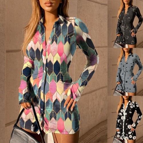 Met Fashion Color Block Womens Printed Long Sleeve Lapel Slim Cardigan New Heart Shaped Shirt Dress Long Sleeve Womens Top