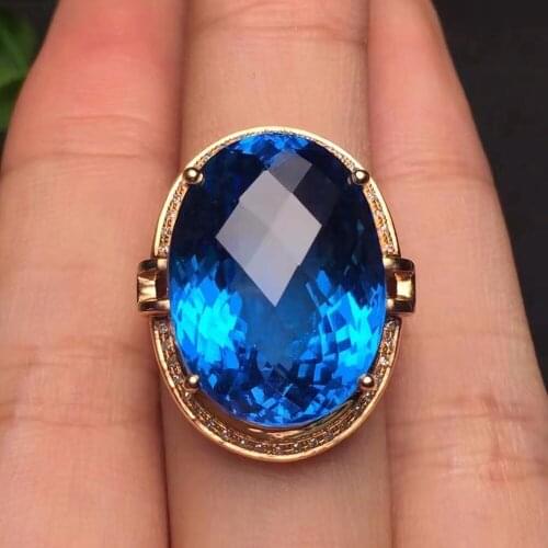 Fine Jewelry Real 18K Rose Gold AU750 100% Natural London Blue Topaz Gemstone Female Rings for Women Fine Ring