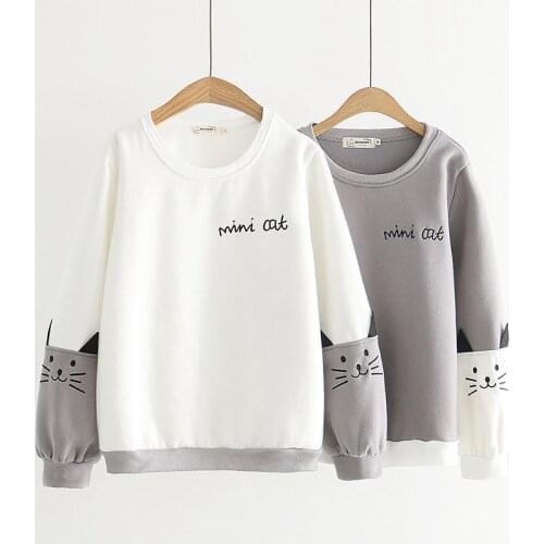 Women Autumn and Winter Fleece Hoodie Cute Neko Atsume Cat Backyard Long-sleeved Letter Female Students Pullovers Top Hoodies