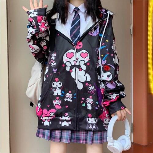 Gothic Autumn Thin Hoodies Cute Kpop Women Kawaii Harajuku Sweatshirts Japan Hip Hop Hoodie Pocket Zipper Tops Emo Clothes