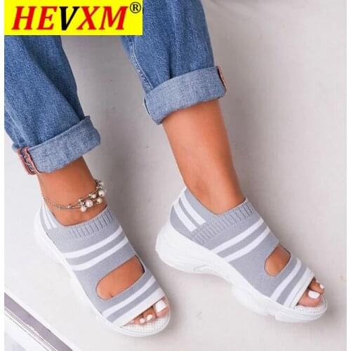Womens Sandals Woman Shoes Stretch Fabric Slip On Hollow Out Peep Toe Thick Bottom Casual Cover Heel Ladies Female 2020 New