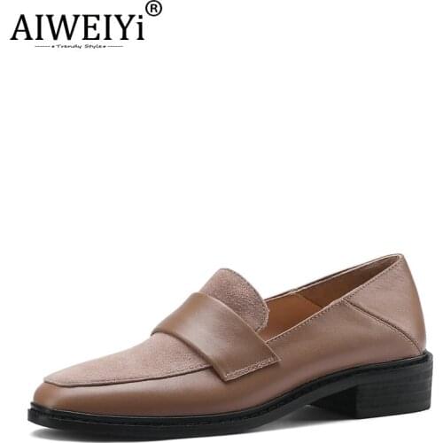 AIWEIYi Women Shoes Genuine Leather Spring Autumn Work Shoes Med Heel Large Size 43 Ladies Oxford Shoes
