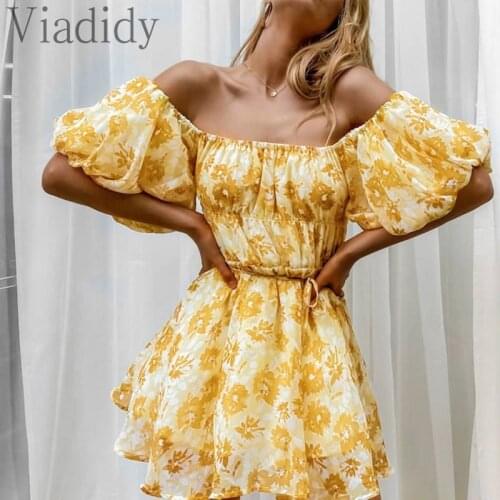 Women Off Shoulder Print Short Sleeve Tied Waist Mini Chiffon Dress