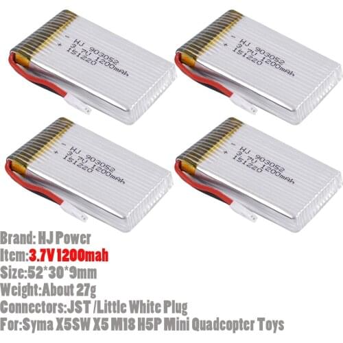4Pcs/lot 3.7V 1200mah RC Lipo With JST/Little White Plug And Charger For Syma X5SW X5 M18 H5P Quadcopter Drone Toys