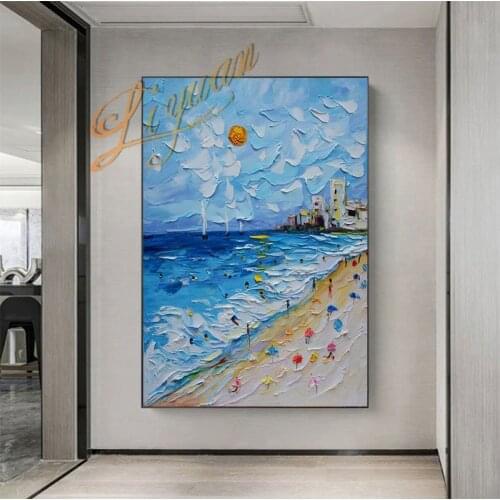 Abstract Seaside Scenery Heavy Textured Thick Oil Painting The waves of the sea beach Art Hand-painted Seascape Wall Canvas