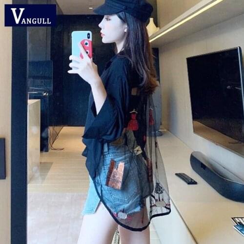 Vangull Mesh Patchwork Embroidery Women Shirts Spring Turn-down Collar Single Breasted Loose Blouses Elegant Fashion Tops