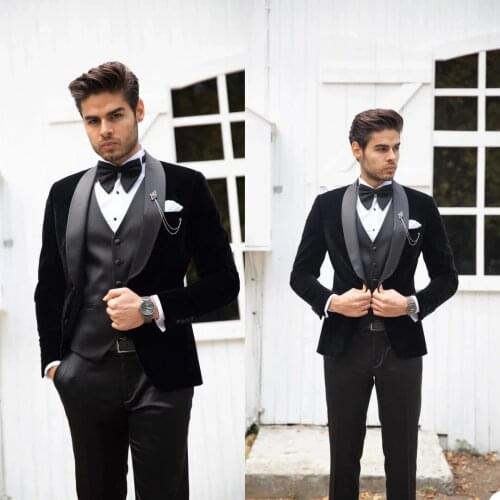 Business Wedding Wear Costume Homme Black Velvet Men Suits Groom Tuxedos Terno Masculino Slim Fit 3 Pieces Jacket Pant Vest