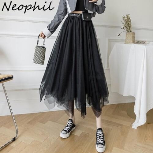 Neophil High Waist Long Mesh Skirt Belt Tulle Skirt Women Autumn Elastic Ball Gown Female Asymmetrical Midi Skirt Faldas S21756