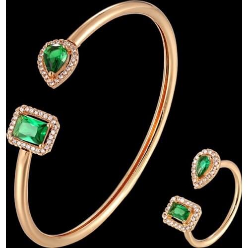 Fateama Simple elastic open ended bangle and ring ladies jewelry irregular rectangle and drop shaped zircon combination fashion