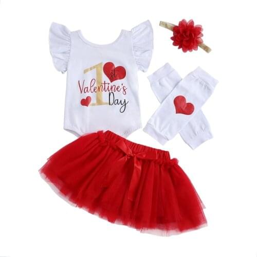 Baby Girl First Valentine Day Clothes Sets, Newborn Printed Romper Tops + Tutu Skirt + Headband + 2 Leg Warmer Outfits