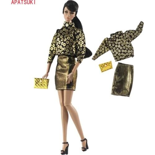 Fashion Outfits for Barbie Doll Clothes Set Coin Top Blouse Mini Skirt Handbag Purse 1/6 BJD Doll Accessories Kids Toys