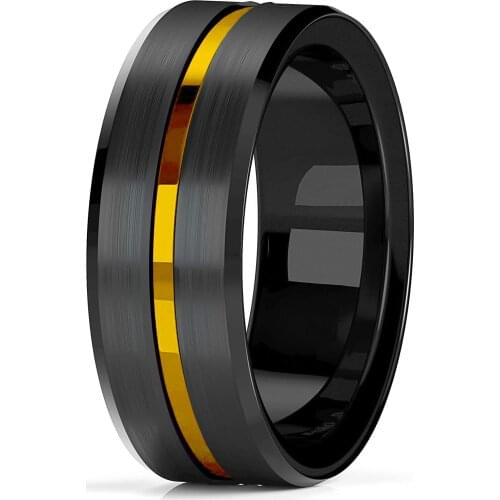 Trendy 8mm Gold Groove Beveled Edge Black Tungsten Wedding Rings For Men Black Brushed Steel Engagement Ring Mens Wedding Band