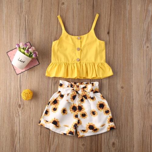 Girls Fashion Solid Color Suspender Sunflower Printed Shorts Two Piece Set Children Outfits Set