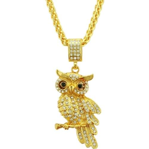 Hip Hop Rhinestones Paved Bling Iced Out Gold Night Owl Pendants Necklace for Men Rapper Jewelry with 30inch rope chain