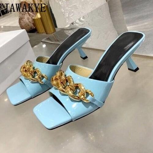 Glod Chain Kitten Heels Women Slides Casual Dress Summer Slippers Square Toe Patent Leather Runway Mules Office Lady Shoes