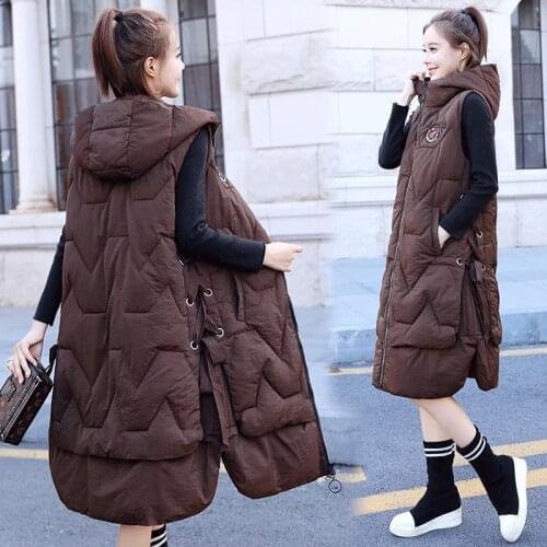 Autumn Women Vest Waistcoat Female Long Cotton Padded Jacket Ladies Loose Oversize Sleeveless Hooded Jackets with Pocket Q71