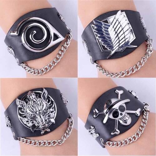 Punk Bracelets for Women Narut One Piece Final Fantasy Black Butler Leather Strand Wrap Bracelets Charm Bangle Anime Wristbands